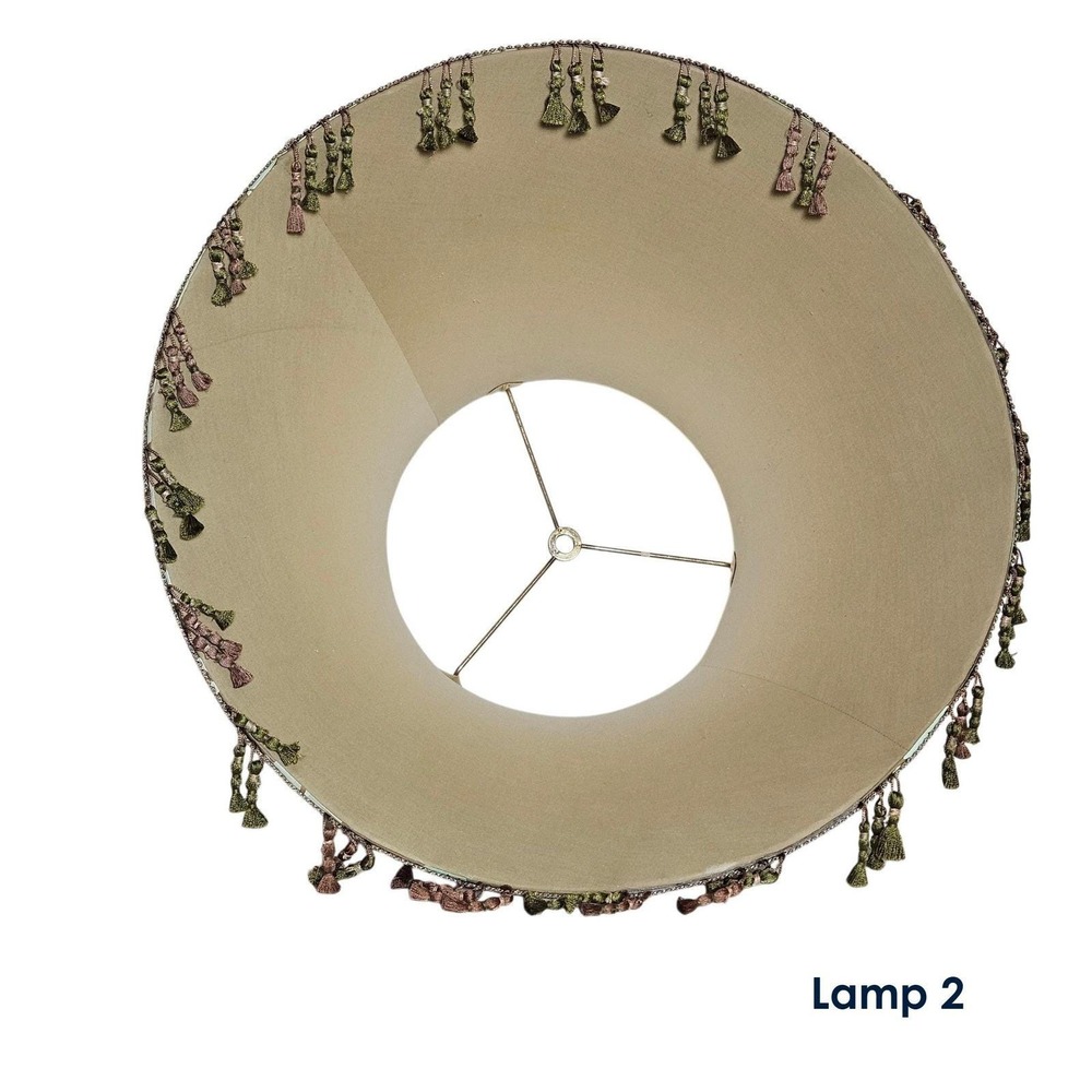 Vintage 1960s Hollywood Regency Lampshade Pair with Tassels, Green Acetate Satin - Picture 7 of 10